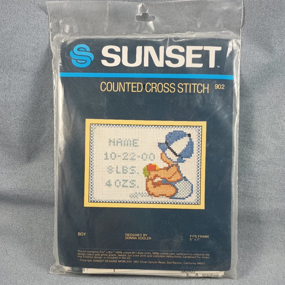 Vintage Boy Birth Announcement Sunset Counted Cross Stitch Kit #902 5x7"